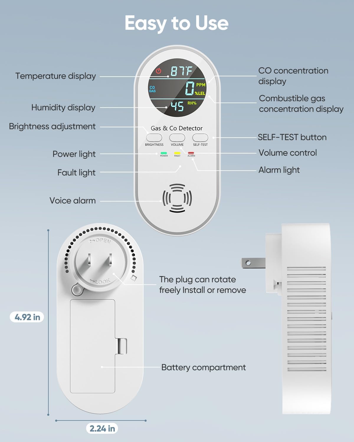 5-in-1 Carbon Monoxide Detectors, Natural Gas Leak Detector, Plug-in & Battery Backup Co Detector, HD Digital Display, CO Gas Temp Humidity Sensor, 3-Pcs, White