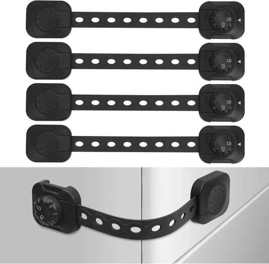 Songaa Child Safety Cabinets Strap Locks 4 Pack - Adjustable Baby Proofing Cabinet Latches for Drawers, Oven, Dishwasher, Fridge, Toilet Seat, Trash Can, with 3M Adhesive Pads - Black