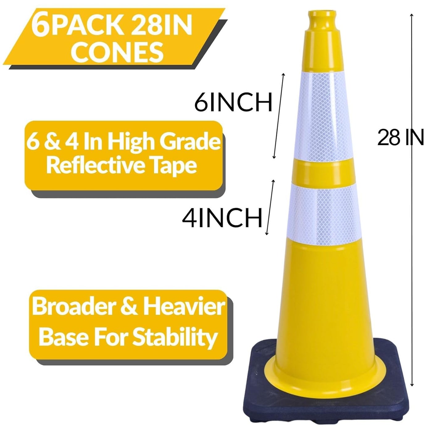 BESEA 6PACK 28 inch Traffic Safety Cones Yellow Road Parking Cones 28" Heavy Duty Construction Cone Structurally Stable for Traffic Control at Public Place(6PCS)