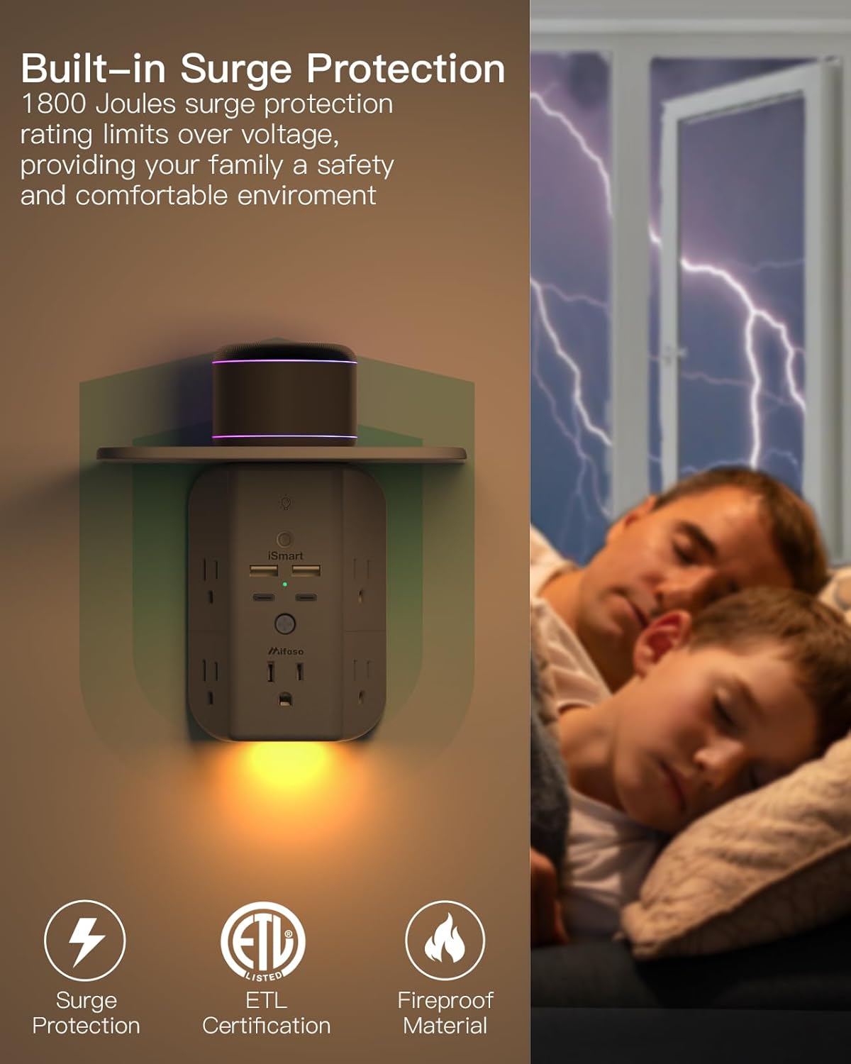 Wall Outlet Extender with Shelf and Night Light, Surge Protector, USB Wall Charger with 5 AC Outlets and 2 USB A Ports 2 USB C Ports Wide Space 3-Sided Power Strip Multi Plug Outlets, Gray