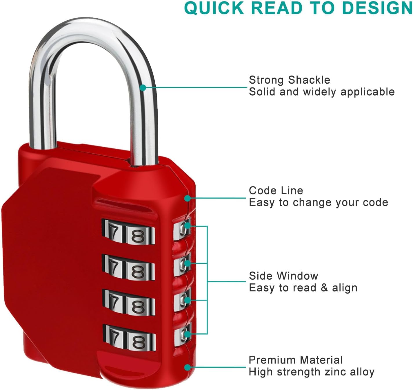 ZHEGE Combination Padlock 2 Pack, 4 Digit Lock for School Gym Locker, Outdoor Waterproof Combo Lock (Silver & Red)
