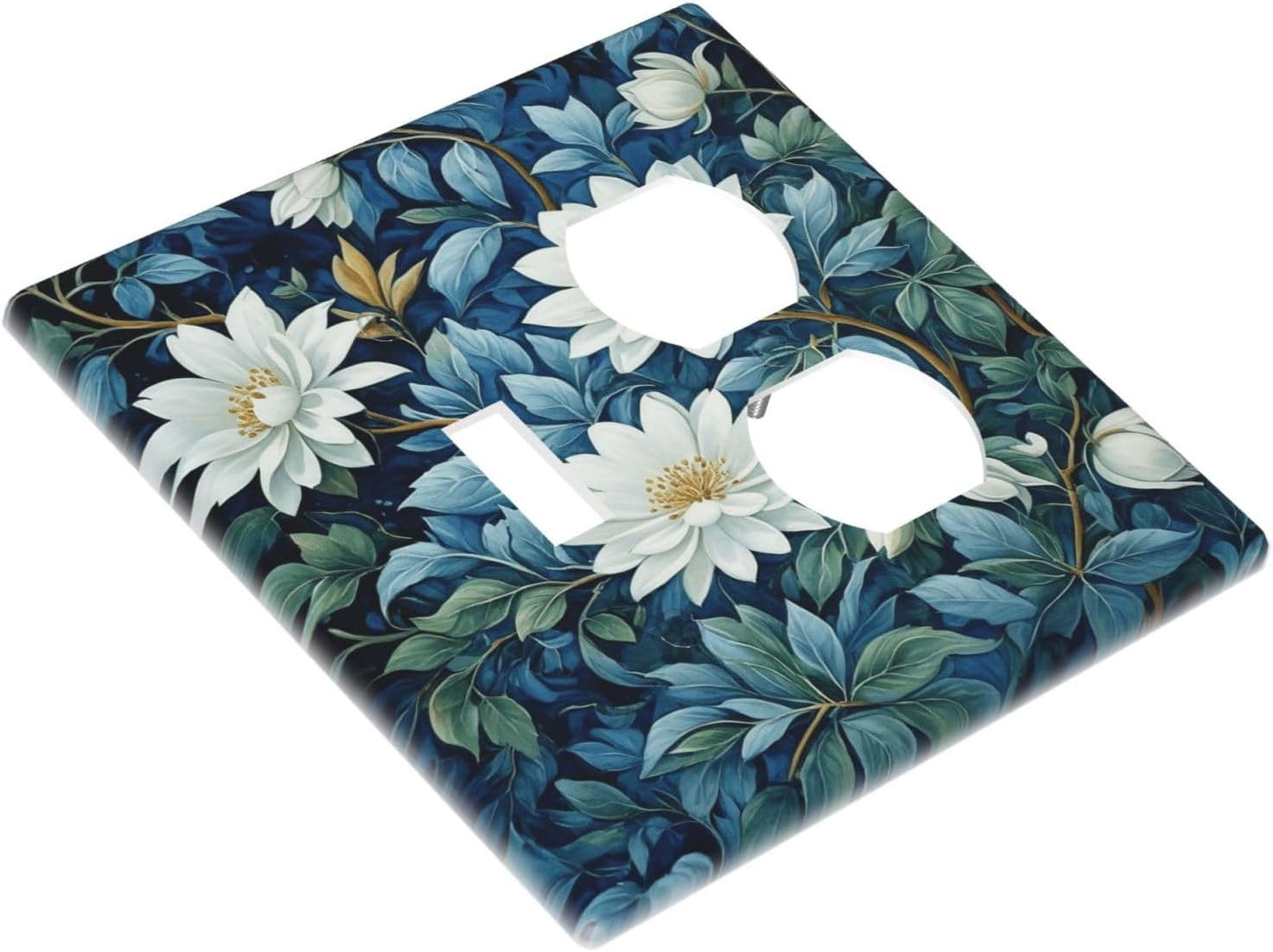 Decorative Outlet Covers Rustic White Floral Flowers Green Blue Leaves 2 Gang Wall Plate Single Toggle Duplex Light Switch Cover Switch Plate Covers Faceplate for Bedroom Home Decor