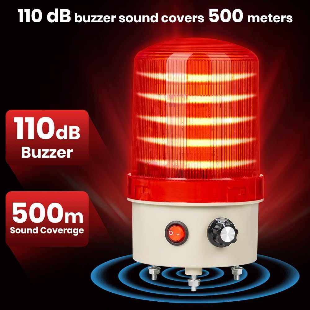 Industrial LED Rotating Warning Light, AC110V Beacon Strobe for Public Emergency Alarms, Siren Light with Volume Adjustment and Switch for Construction, Traffic, Factory, Safety Sign, Boat