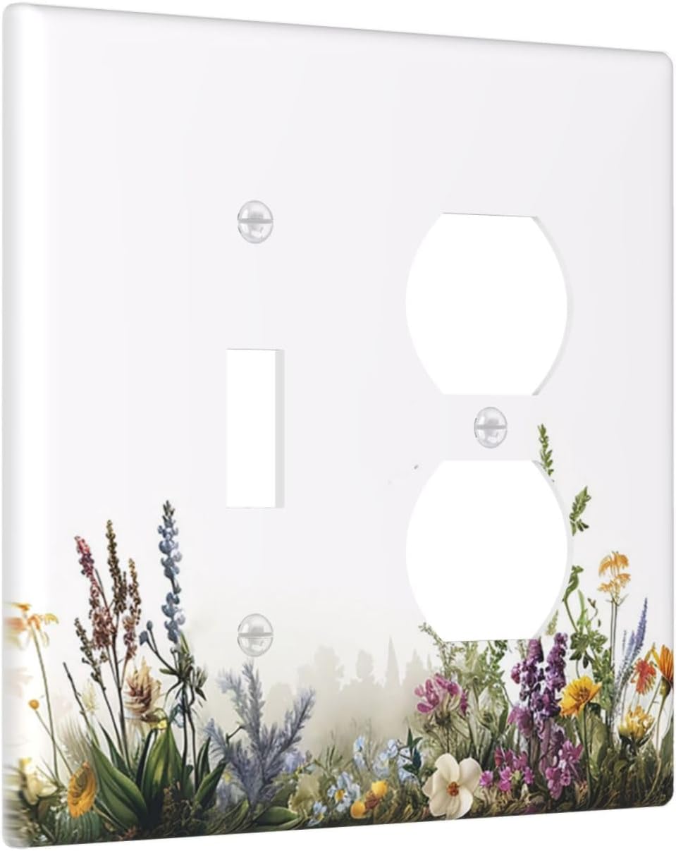 Outlet Covers White Background Colorful Flowers Plants Green Leaves 1 Toggle 1 Duplex Switch Plate Covers Electrical Light Switch Cover Plate Decorative Wall Plate Socket Cover for Bedroom Home Decor