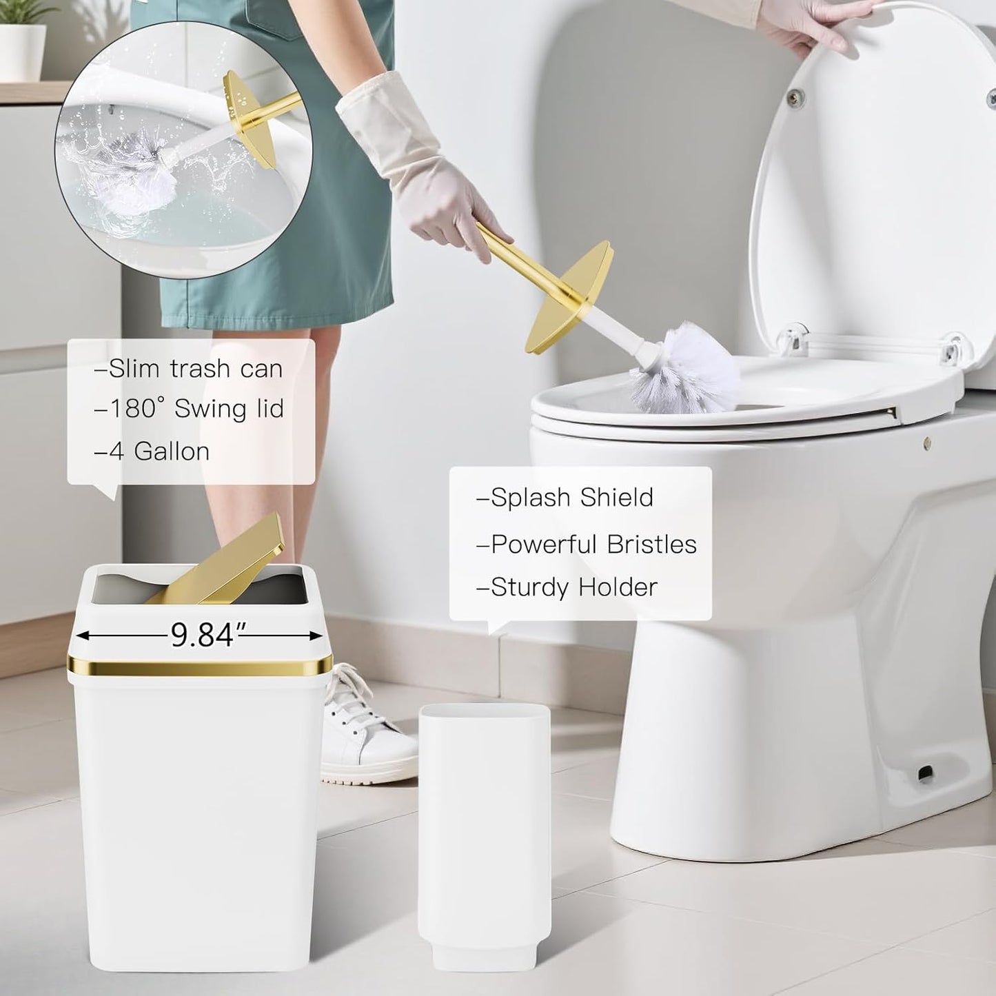 25PCS Bathroom Accessory Set, White Bathroom Set with Large-Capacity 4 Gallon Trash Can,Bathroom Rugs Set, Waterproof Shower Curtain, Toilet Brush, Toothbrush Holder & Soap Dispenser