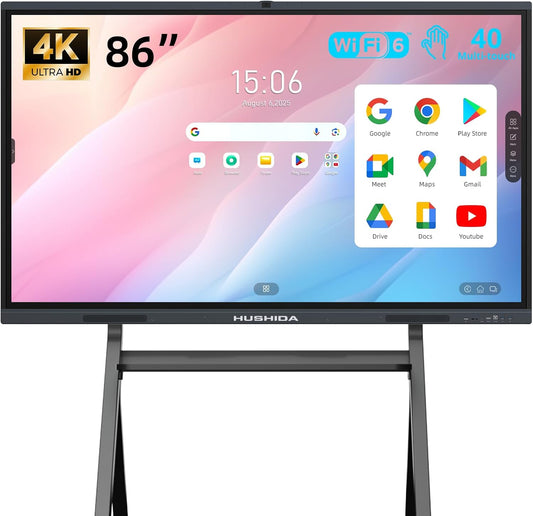 86" Smart Board Google EDLA-Certified 4K Interactive Whiteboard SmartBoard for Classroom & Office, Android 14 & Windows 11 Pro 8G RAM+256G ROM Touchscreen with 13MP AI Camera 40-Points Wall Mount