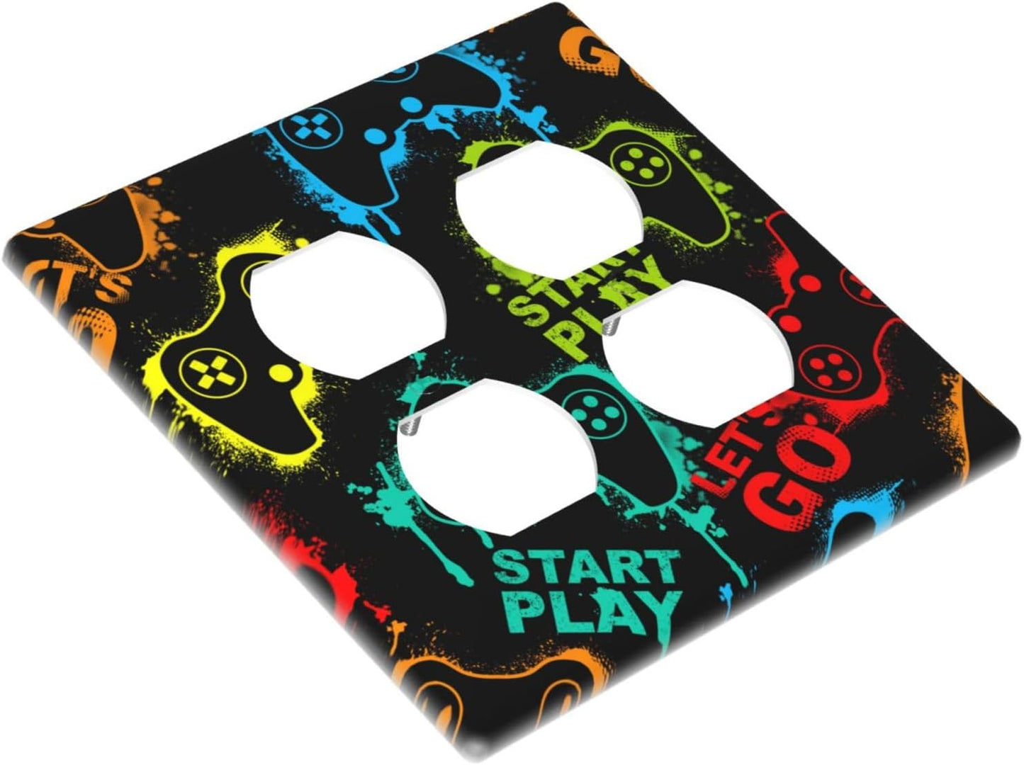 Decorative Outlet Covers Gamepad Theme Graffiti 2 Gang Wall Plate Double Duplex Light Switch Cover Switch Plate Covers Faceplate for Game Room Bedroom Home Decor