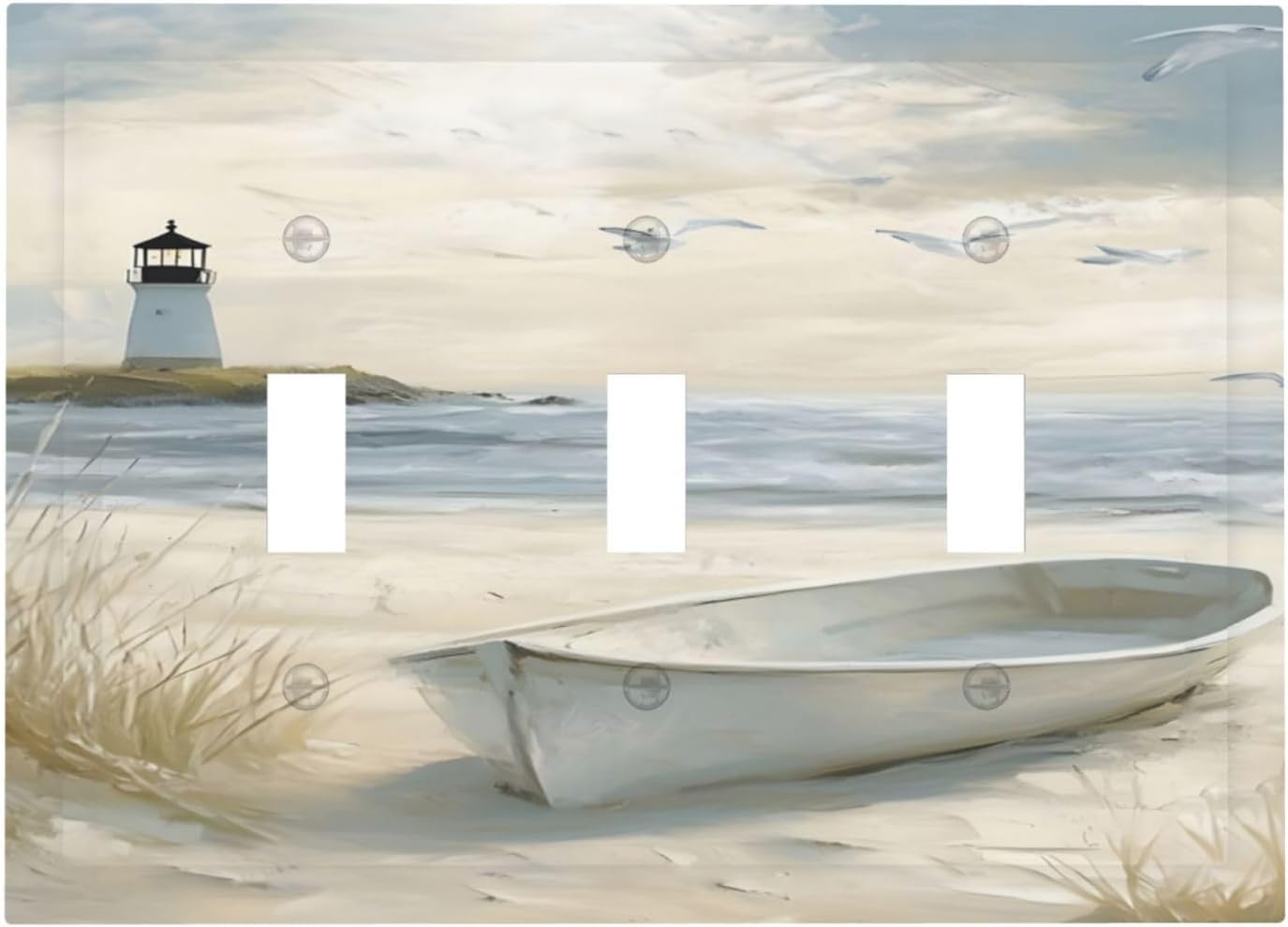Decorative Light Switch Plate Covers Seascape Painting with Lighthouse Boats 3 Gang Artistic Wall Plate Unique Triple Toggle Light Switch Covers for Bedroom Home Decor