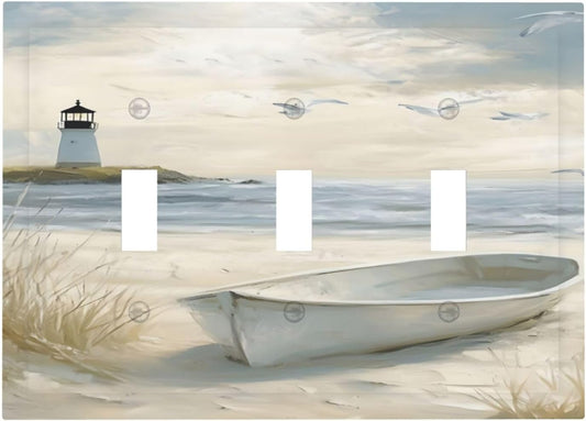 Decorative Light Switch Plate Covers Seascape Painting with Lighthouse Boats 3 Gang Artistic Wall Plate Unique Triple Toggle Light Switch Covers for Bedroom Home Decor