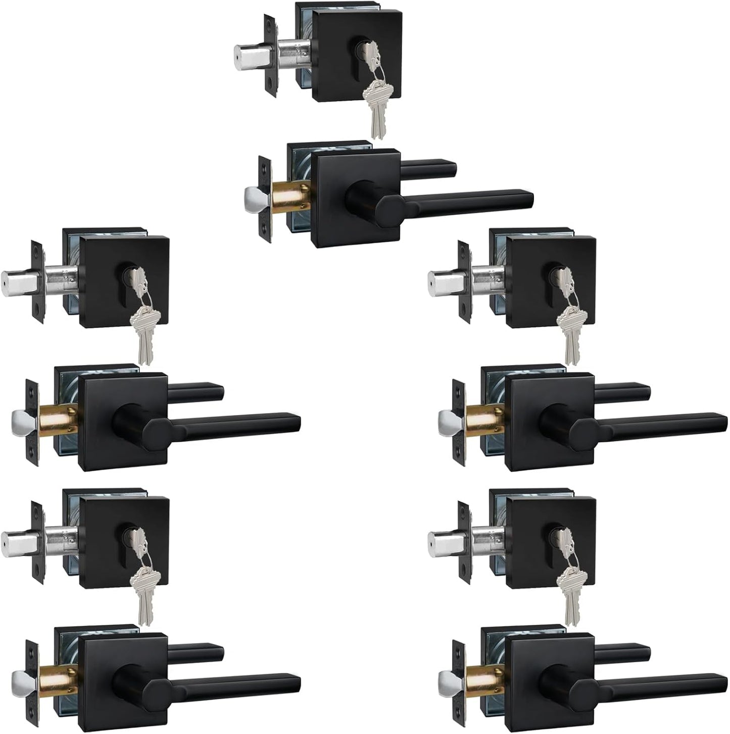 5 Sets Passage Door Lever and Single Cylinder Deadbolt Lock Set, Heavy Duty Square Handle for Entrance and Front Door, Matte Black, Different Keys
