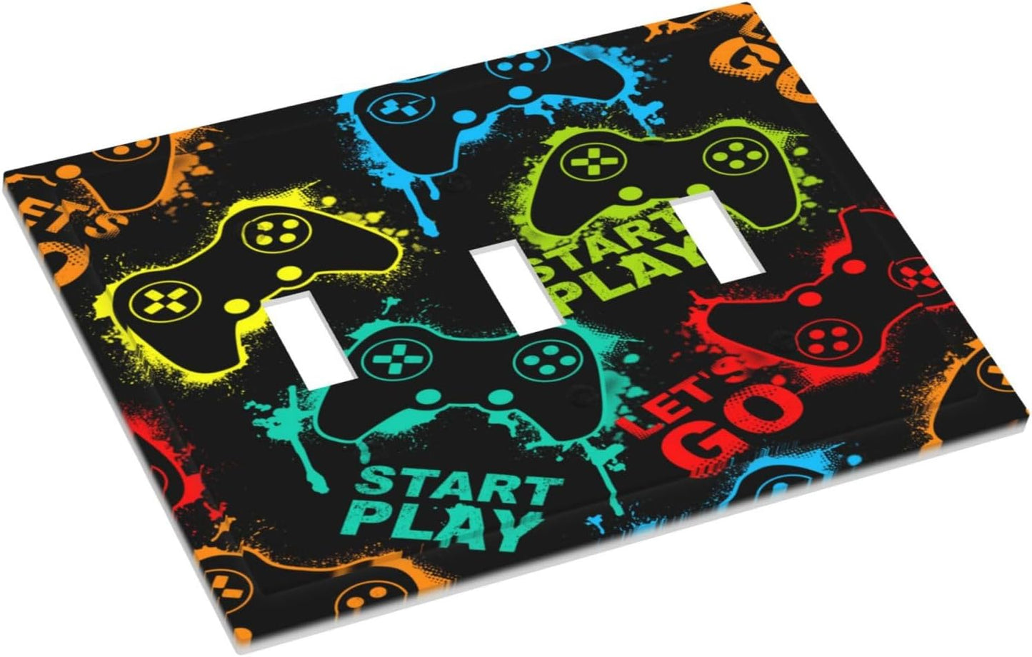 Decorative Light Switch Plate Covers Gamepad Theme Graffiti 3 Gang Light Switch Cover Triple Toggle Wall Plate Outlet Covers for Game Room Bedroom Home Decor