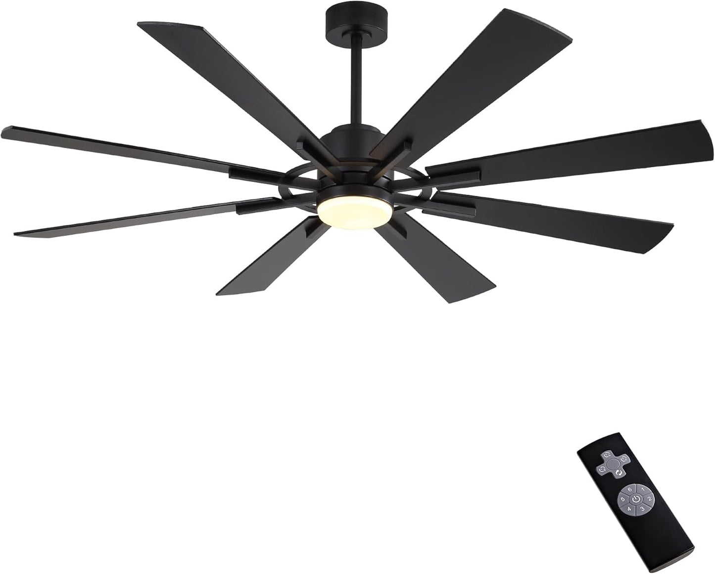 WINGBO 60" DC Ceiling Fan with Lights and 3 Downrods, Matte Black Ceiling Fan, 8 Plywood Blades, 6-Speed Reversible DC Motor, Large Ceiling Fans for Kitchen Bedroom Living Room