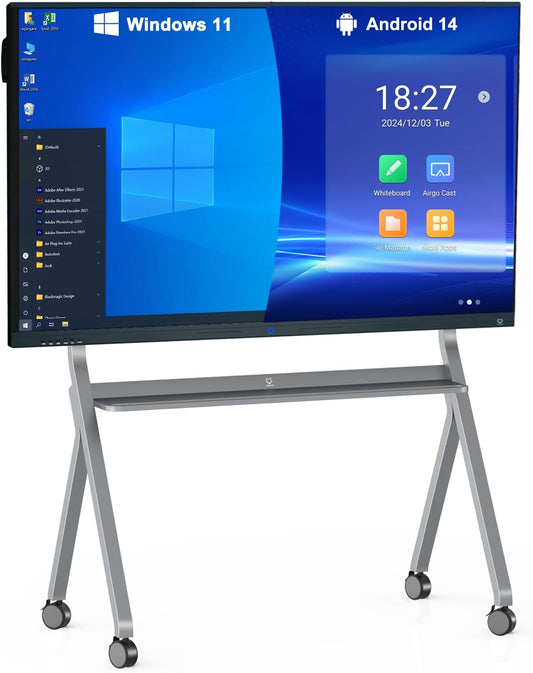 75'' Interactive Whiteboard, 4K Touchscreen Smart Whiteboard with Built-in Dual System Windows 11 Pro & Android 14.0, Smart Board for Classroom and Business(Board+Wall Mount+Movable Stand)