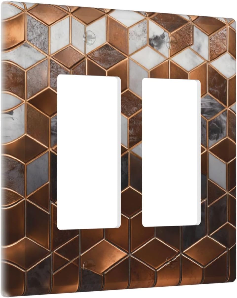 Brown Abstract Luxury Modern Geometric Cubic Marble 2 Gang Double Rocker Decorative Light Switch Covers Electrical Faceplate Switch Plates for Bathroom Kitchen Home