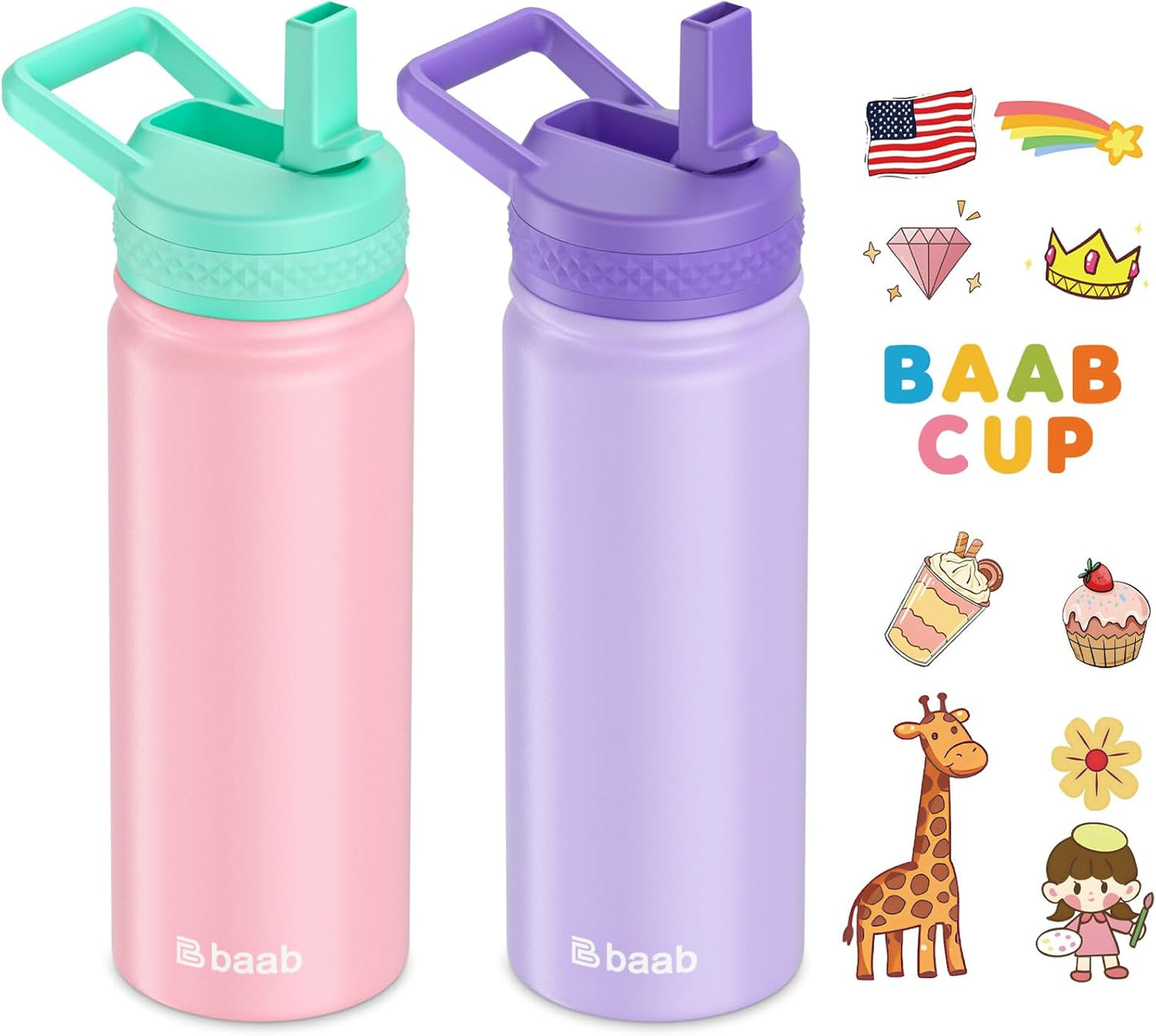 baab 18oz Kids Water Bottle, Insulated Water Bottle with Straw & Stickers, 18/8 Stainless Steel Vacuum Leakproof Kids Water Straw Cup for School, Perfect for Boy Girl (Pink+Purple, 2 Pack)