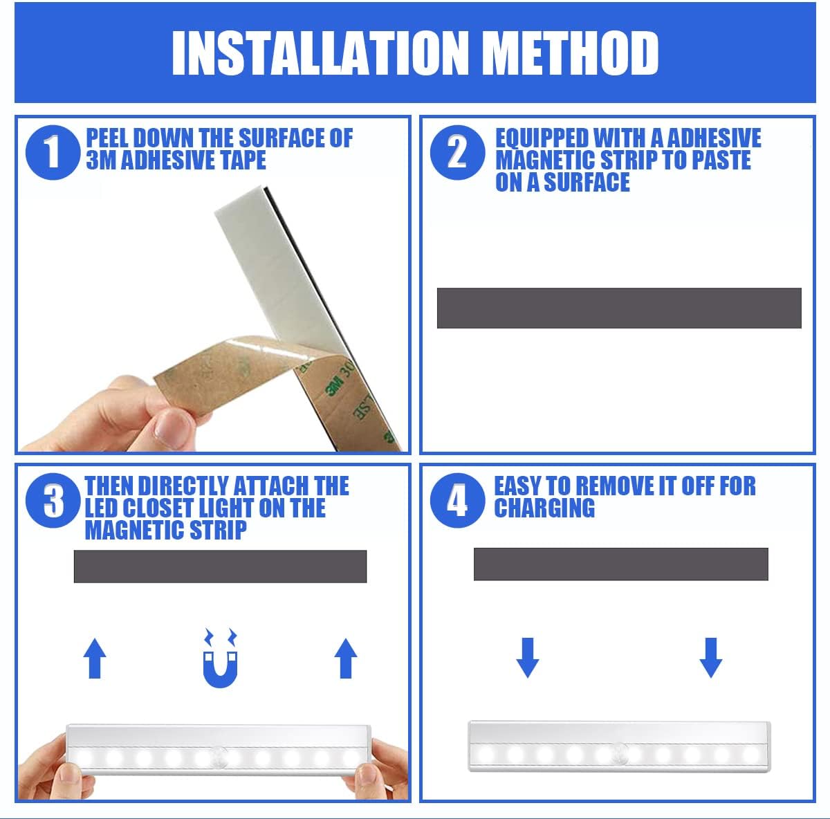 Motion Sensor Closet Lights, LED Cordless Under Cabinet Lighting, Wireless Stick-on Anywhere Battery Operated 10 LED Motion Sensor Night Light, Safe Lights for Cabinet Wardrobe Stairs (2 Packs)