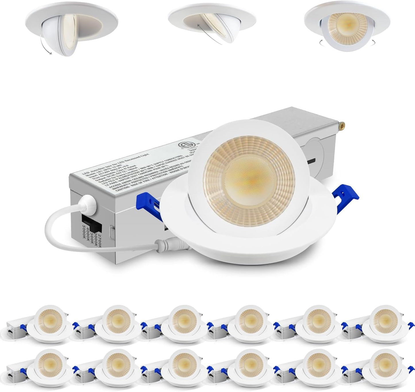 Adetu 2 Inch 5CCT Gimbal Led Recessed Lighting with Junction Box, 360°+90° Adjustable Recessed Can Lights, 2700K/3000K/3500K/4000K/5000K Selectable, 5W Eqv 50W, 550LM Brightness - ETL (White,12 Pack)
