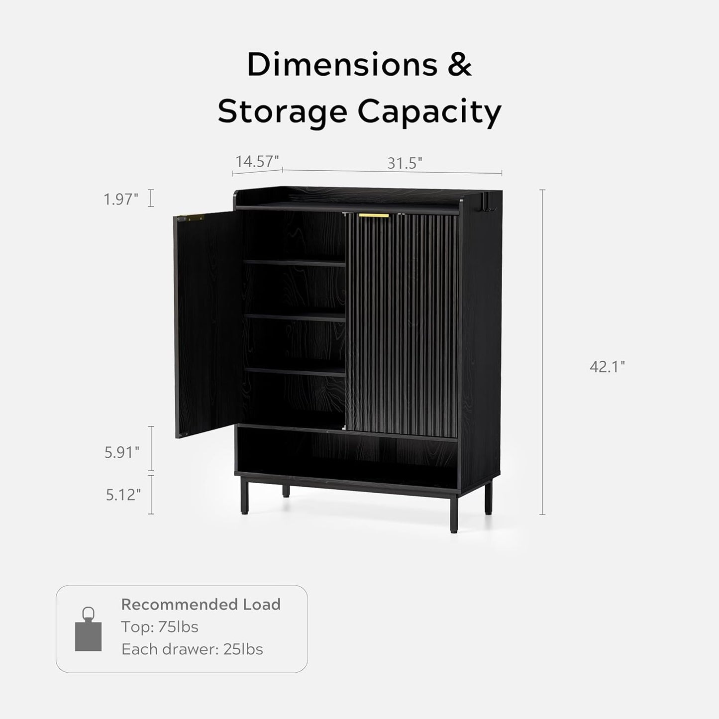 Fluted Shoe Cabinet with Doors, Large Wooden Shoe Storage Cabinet with Hanging Rod, Modern Tall Freestanding Shoe Rack Organizer for Entryway, Hallway Black