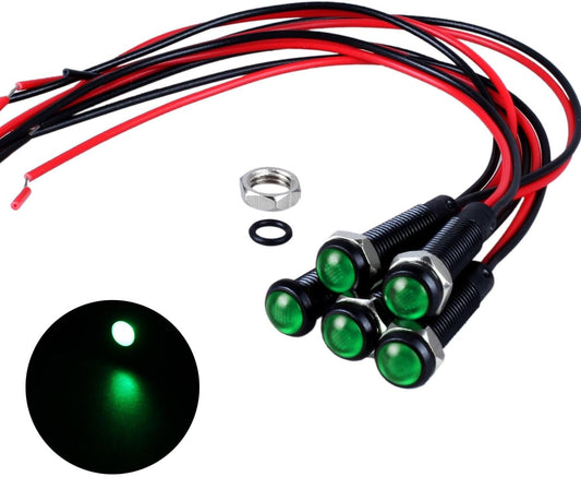 5pcs 6mm LED Indicator Light Plastic Black Signal Dot Lamp 12V-24V 1/4" Mounting Hole Size with 15cm/5.9in. Wire (Green LED)