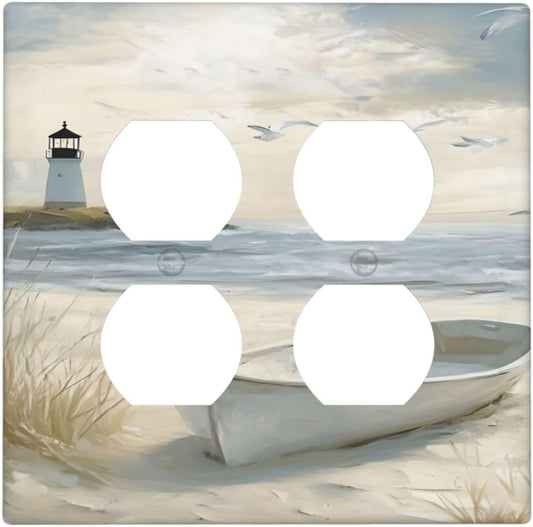 Decorative Outlet Covers Seascape Painting with Lighthouse Boats 2 Gang Wall Plate Double Duplex Receptacle Light Switch Covers Switch Plate Cover for Bedroom Home Decor