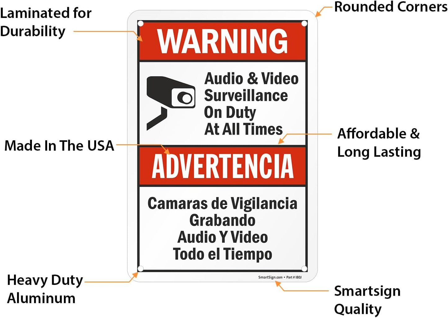 SmartSign 2-Pack 'Warning Audio And Video Surveillance On Duty At All Times' Bilingual Sign - 7" x 10", 40 mil Laminated Rustproof Aluminum Metal, Red, Black and White, Fade-Resistant, Made in USA