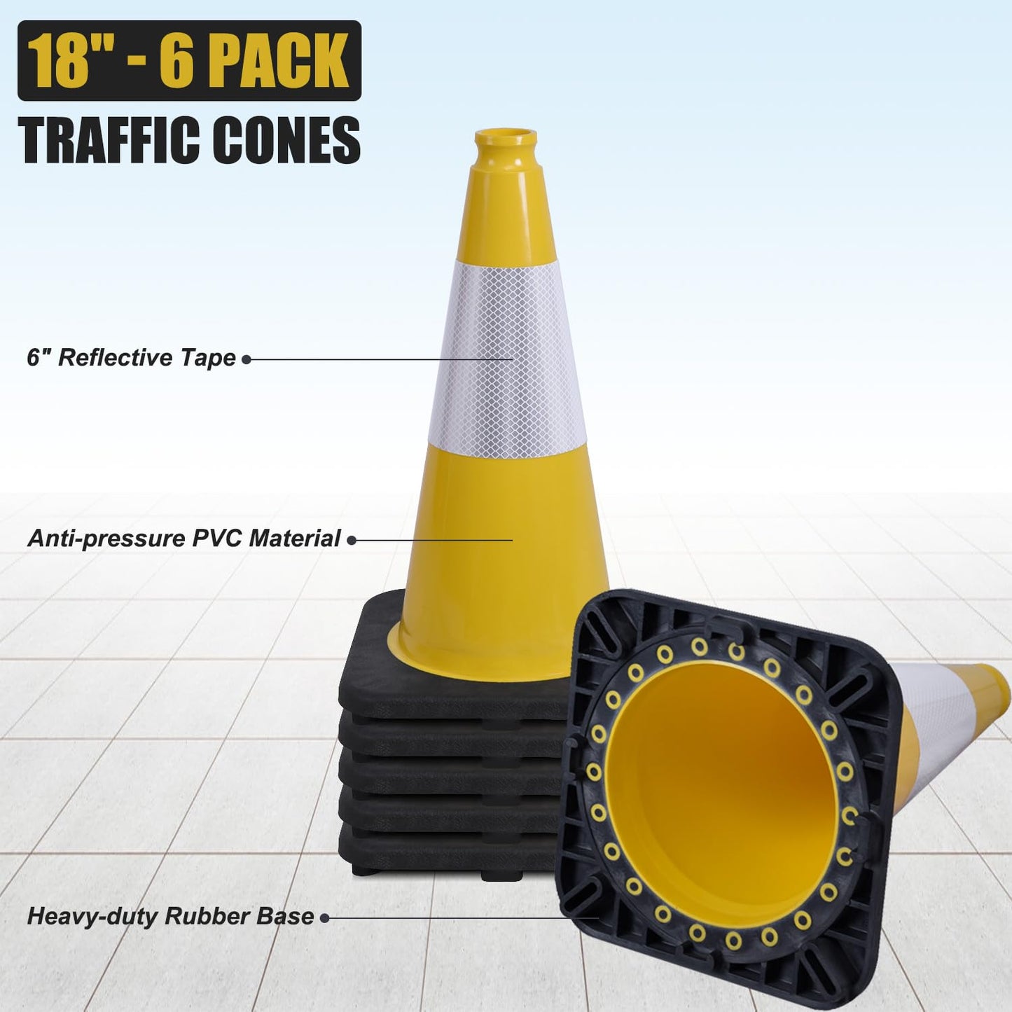 6 Pack 18" Inch Yellow PVC Traffic Cones with Heavy-Duty Base, High-Visibility All-Weather Safety Cones for Road Construction, Parking Lot, and Garage Use (6, Yellow, 18" Medium)