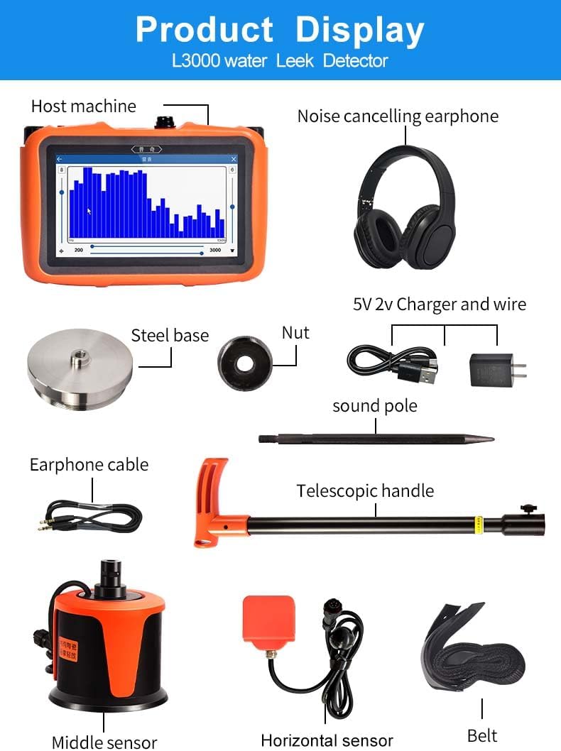 PQWT L3000 Acoustic Water Leak Detector for Home and Outside Ground Wall Water Pipeline Leakage Detection Kit Multi Sensor Professional Noise Reduction Headphone Smart Touchscreen Aluminum Carry Case