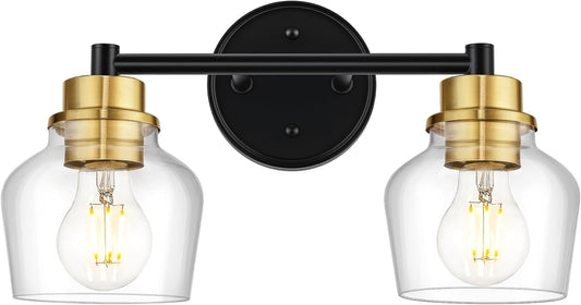 Emak Farmhouse 2-Light Bathroom Light Fixtures, Modern Black and Gold Vanity Lights with Clear Glass Shade for Bathroom, Mirror, VL122-BKBGD-CG-2