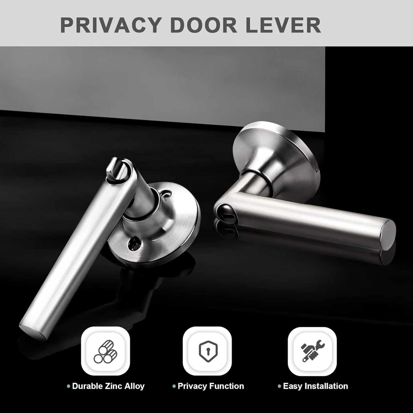 GOBEKOR 8 Pack Brushed Nickel Door Handles Privacy Door Levers with Lock,Heavy Duty Interior Door Handles for Bedroom and Bathroom,Sleek Round Door Lever Satin Nickel with No Key