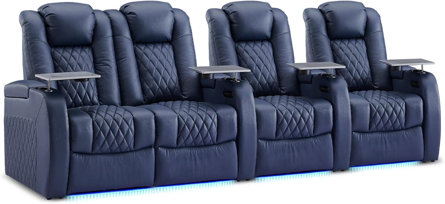 Weilianda Home Theater Seating Top Grain Leather Zero Gravity Recliner Chair Power Headrest Recline Movie Seat Gaming 7 Colors Mood Light Sofa with Tray Table USB Charge Row of 4 Loveseat Left Blue