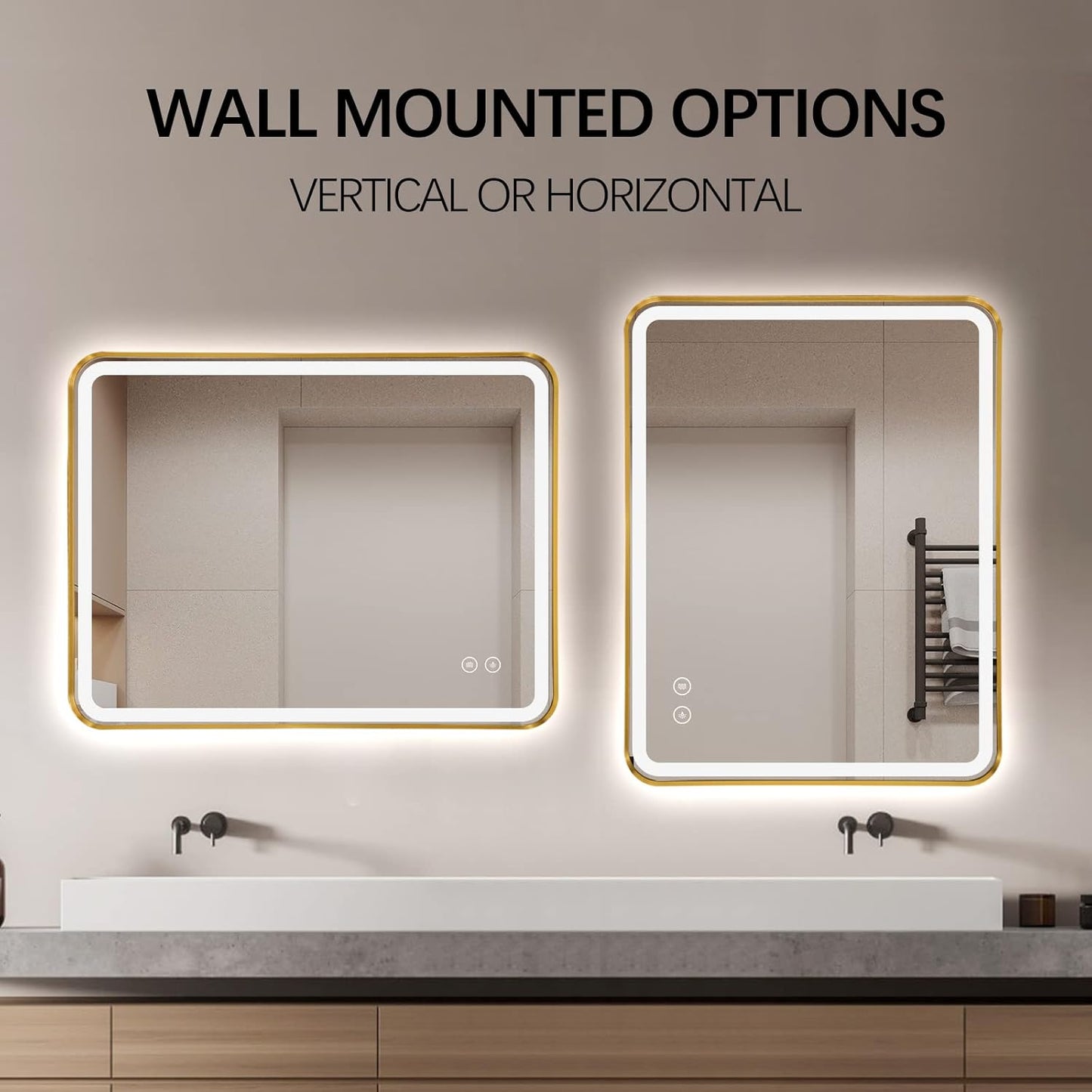 Rectangle LED Bathroom Mirror, 32"x20" Anti-Fog Double Touch Lighted Wall Vanity Mirror 45° Beveled Metal Frame Stepless Adjustable Color Temperature Smart Mirror 3000K-6000K, Gold