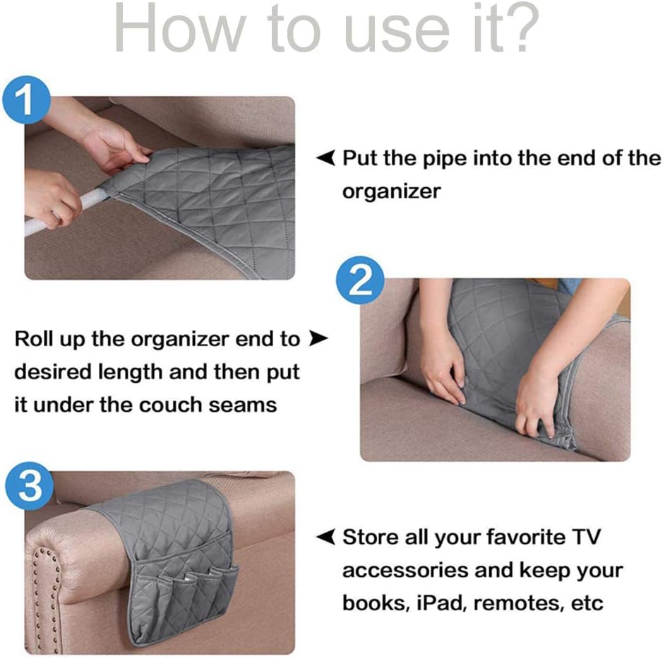 2 Pack Non-Slip Couch Sofa Chair Armrest Organizer 5 Pockets Armchair Caddy Smart Phone, Book, Magazines, Ipad, TV Remote Control Holder (Gray)