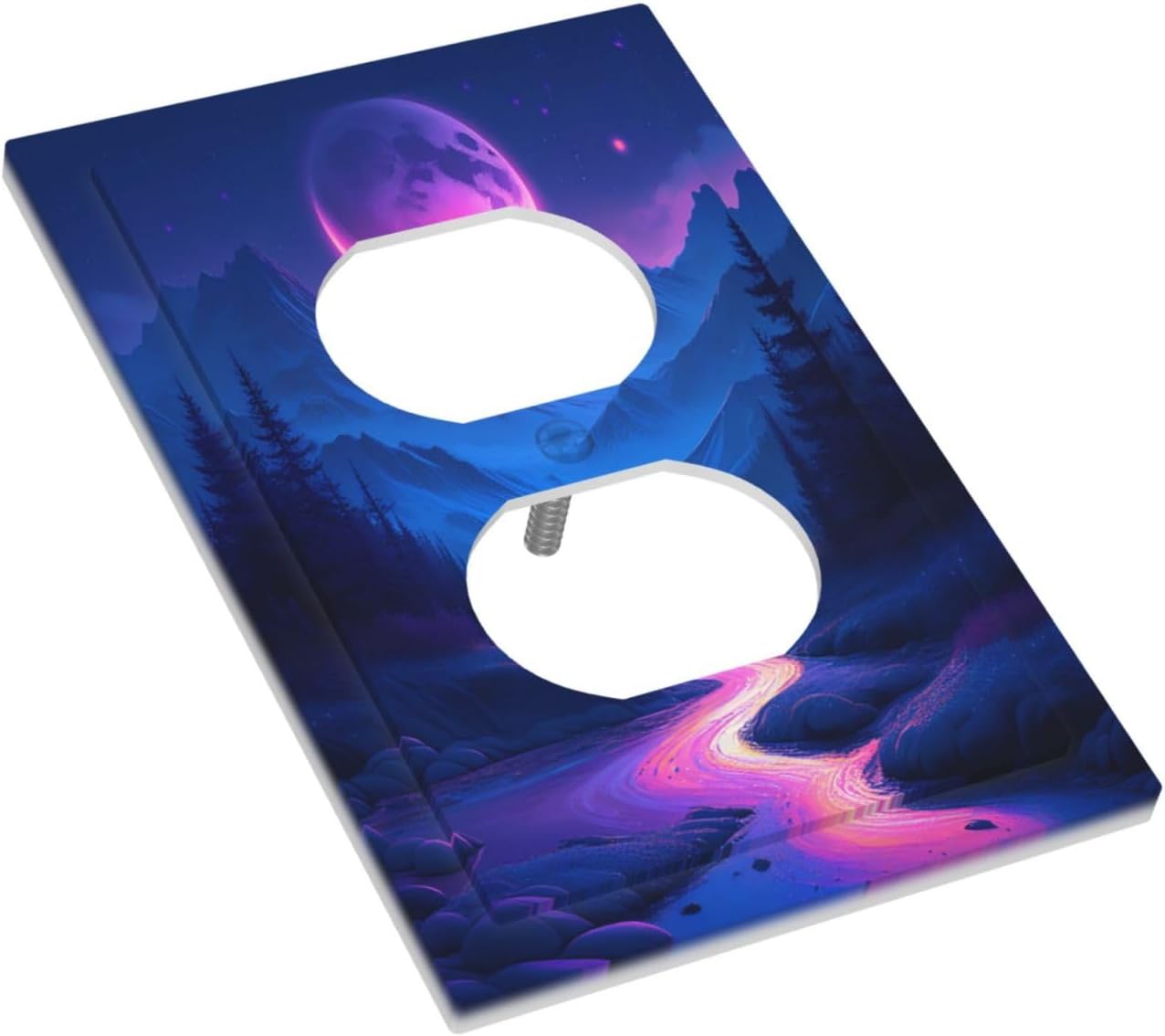 Purple Cyberpunk River Full Moon Mountain Forest Outlet Covers 1 Gang Duplex Light Switch Cover Wall Plate Decorative Switch Plates Electrical Receptacle Faceplate for Bedroom Bathroom Decor