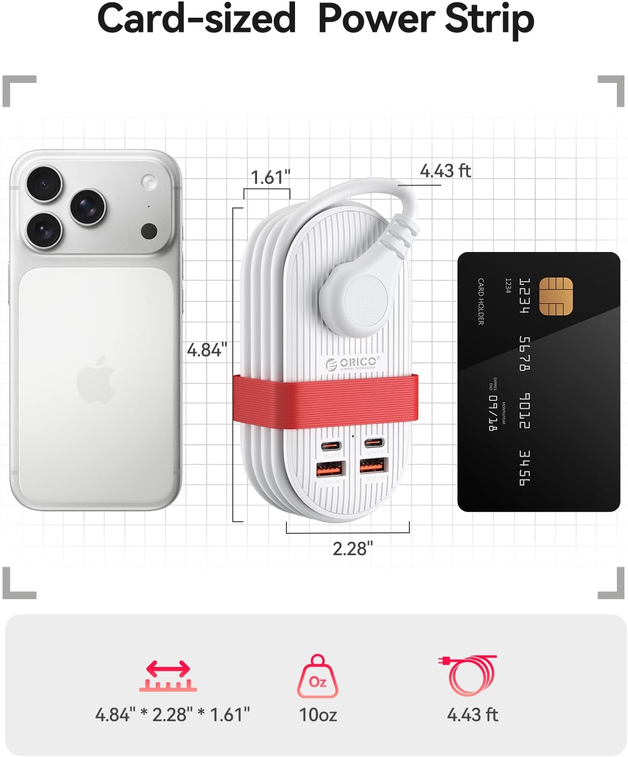 ORICO 65W USB Travel Power Strip, 7 in 1 Charging Station with 3AC, 2 USB-A, 2 USB-C, Flat Plug and 4ft Thin Extension Cord, Fast Charger for MacBook, iPad, iPhone 17/16/15 - TK65