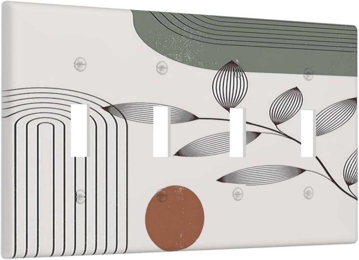 Light Switch Covers Sage Green Boho Nature Art Minimalist Geometric Plant Quad Toggle Electrical Faceplate 4 Gang Wall Plate Decorative Switch Plates for Bedroom living Room Decor