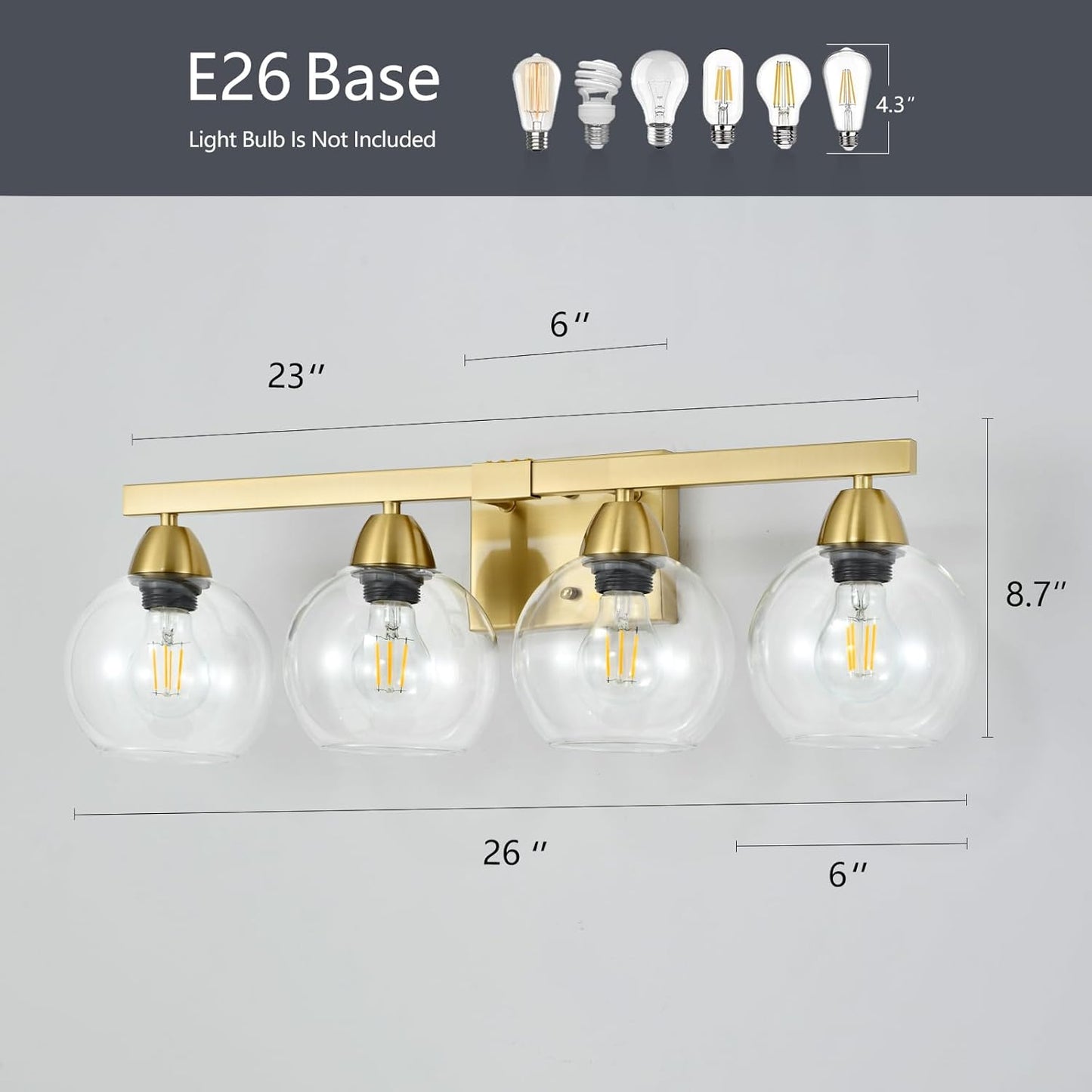 4-Light Bathroom Vanity Light, Gold Wall Sconce with Premium Hand-Crafted Glass Shades, Shatter-Resistant & Few Imperfections, Ideal for Mirror, Kitchen, Living Room
