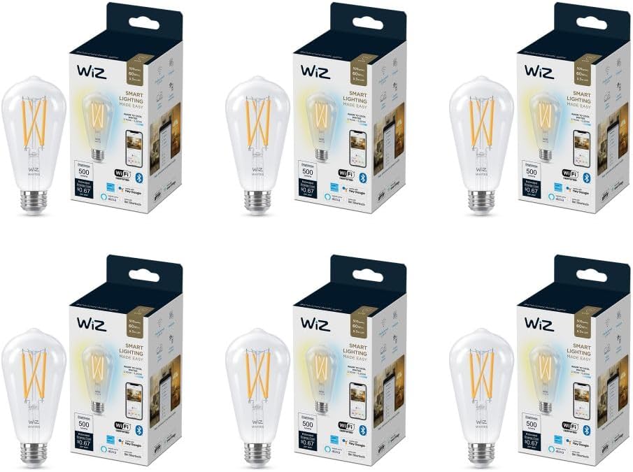 WiZ Clear 60W ST19 Tunable White Filament LED Smart Bulb - Pack of 6 - E26- Indoor - Connects to Your Existing Wi-Fi - Control with Voice or App + Activate with Motion - Matter Compatible