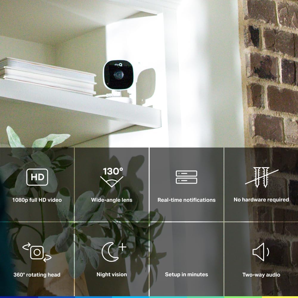 Chamberlain myQ Smart Indoor Security Camera – 1080p HD Video, Night Vision, Motion Detection, Wi-Fi, Two-Way Audio, Smartphone Control, 2 Pack