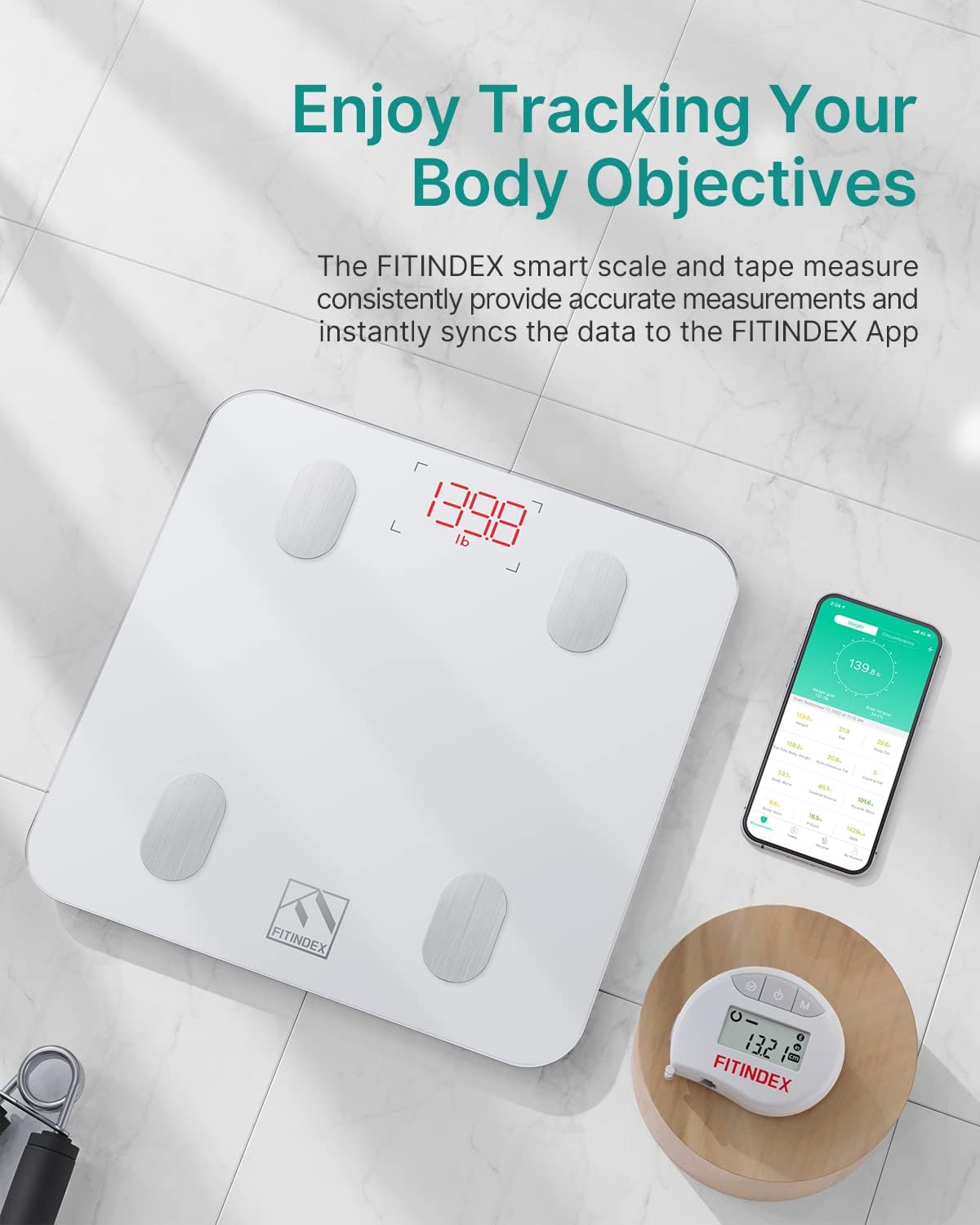 FITINDEX Smart Scale and Tape Measure, Digital Bathroom Scale & Body Tape Measure Sync with APP, Bluetooth Weighing Machine, Body Composition Analyzer, for Health Care