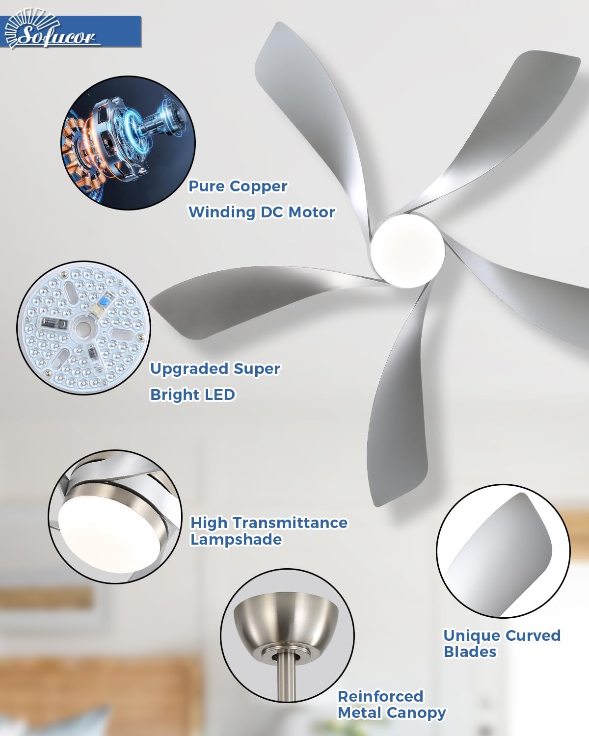 Sofucor 52 Inch Ceiling Fans with Lights and Remote, Outdoor Ceiling Fan with Light 6-Speed 3 CCT 3-Timer, Modern Low Profile Ceiling Fan 5 Blade Reversible DC Motor for Living Room Bedroom Patio