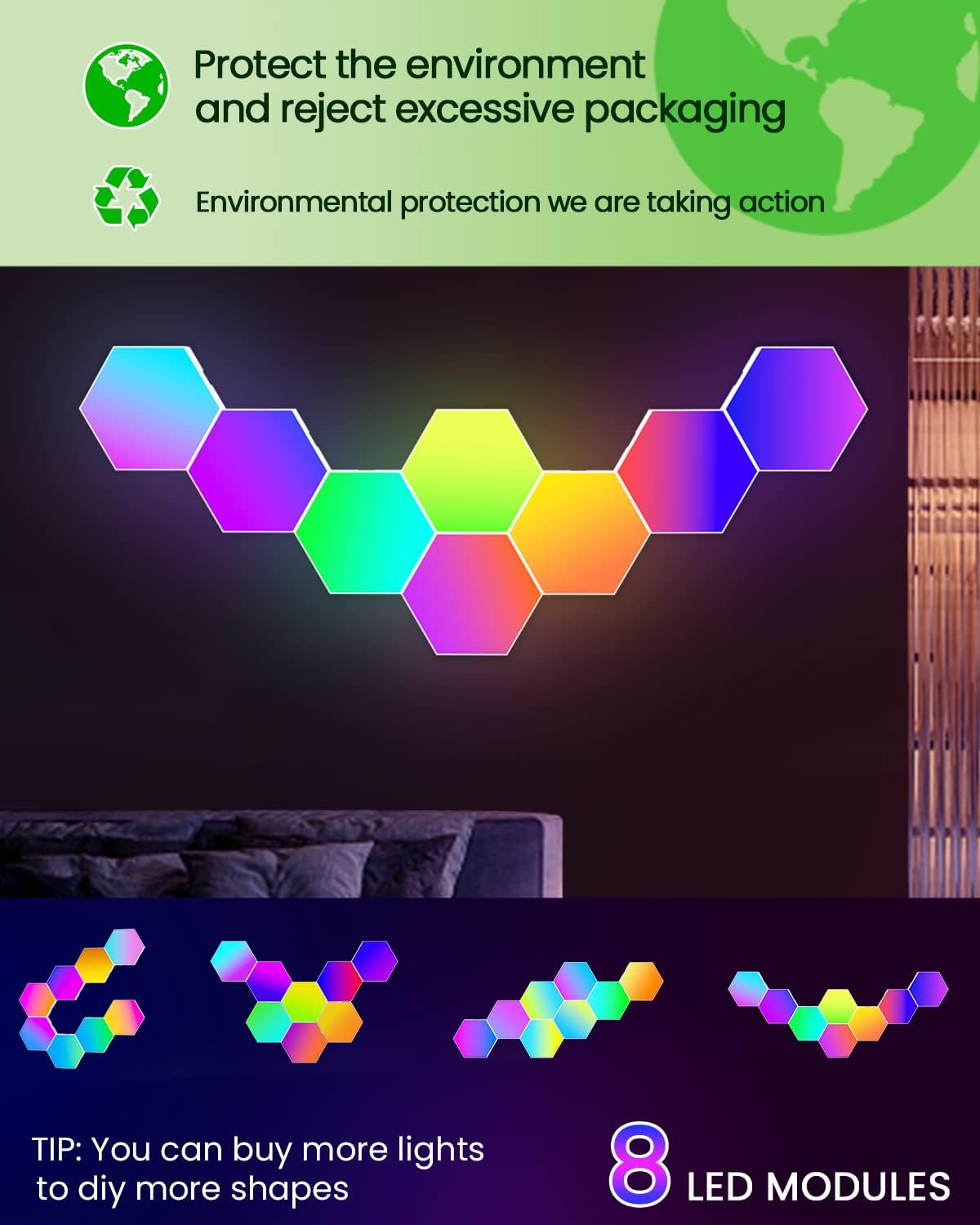 Hexagon LED Lights Wall Panels, Smart RGB Gaming Lights with APP & Music Sync, DIY Modular Hex Tiles, USB-Powered for Autism/Game Room/Party Decor (8-Pack)