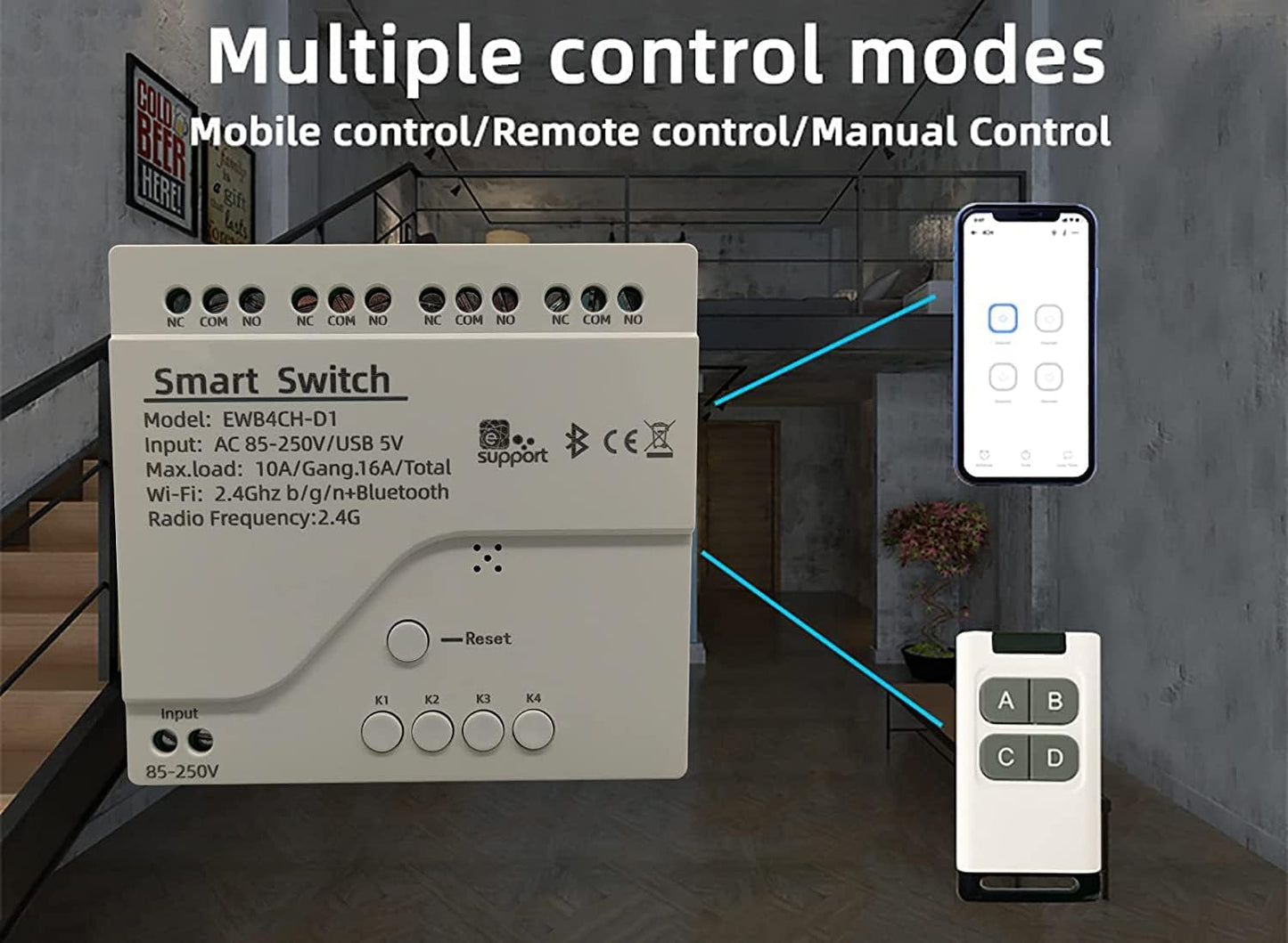4 Channel Smart WiFi Relay Switching Module USB 5V/AC85V-250V, Supports Bluetooth Control, eWeLink App Remote Control, for Alexa Google Home