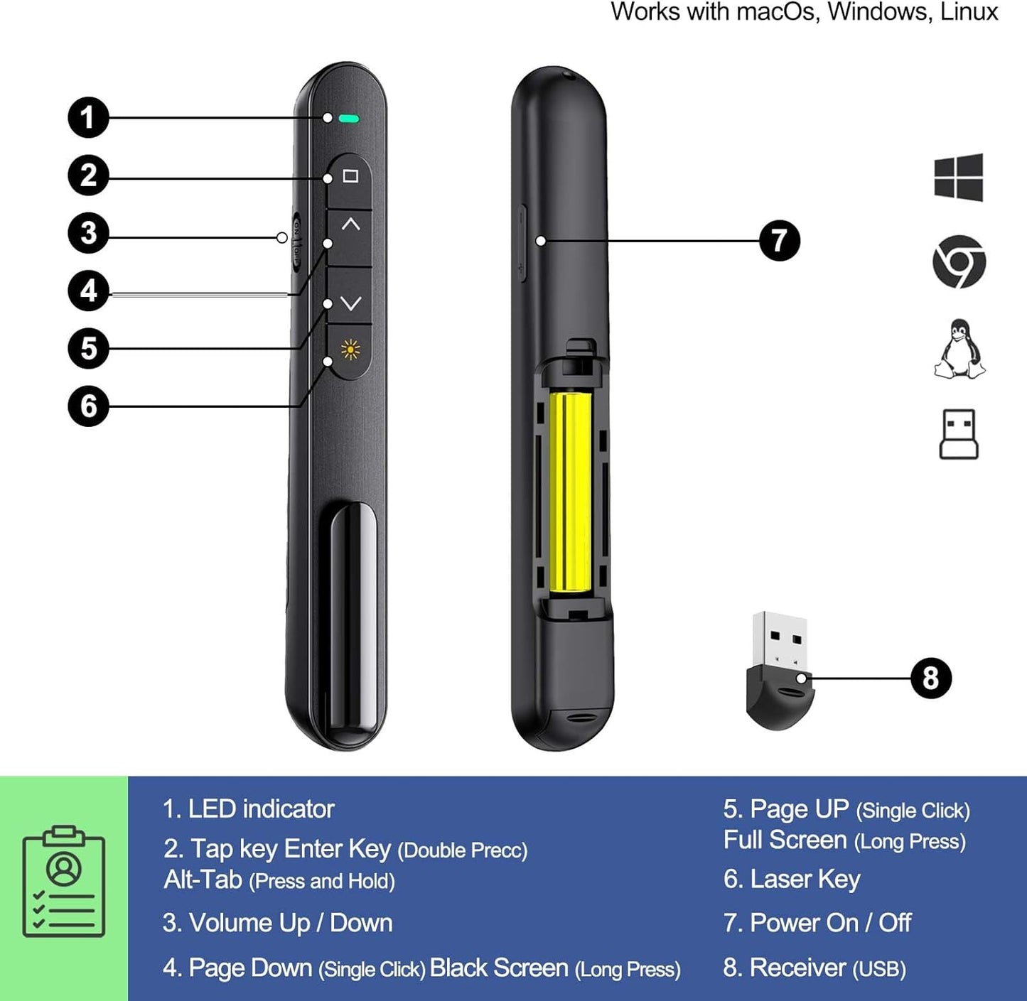 QUI Presentation Clicker for PowerPoint, RF 2.4GHz USB Wireless Presenter Remote with Volume Control, PowerPoint Clicker Slide Advancer for Mac, Windows, Laptop, Keynote