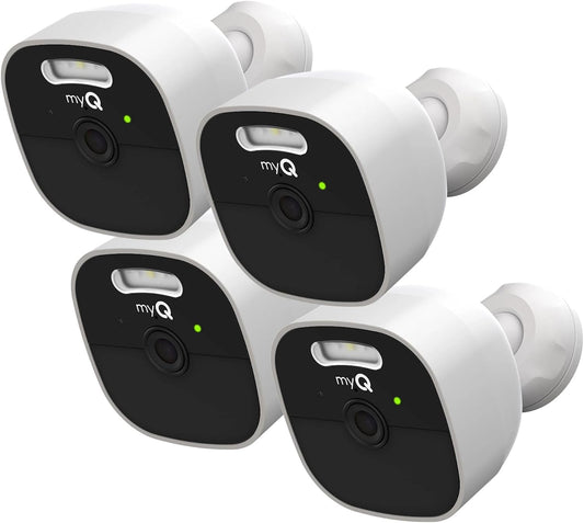 myQ Outdoor Battery Camera | 2K Camera, Color Night Vision, Spotlight, Motion Alerts, Live View with Two-Way Talk, Wireless, Weather-Resistant, Outdoor, White, 4 Pack