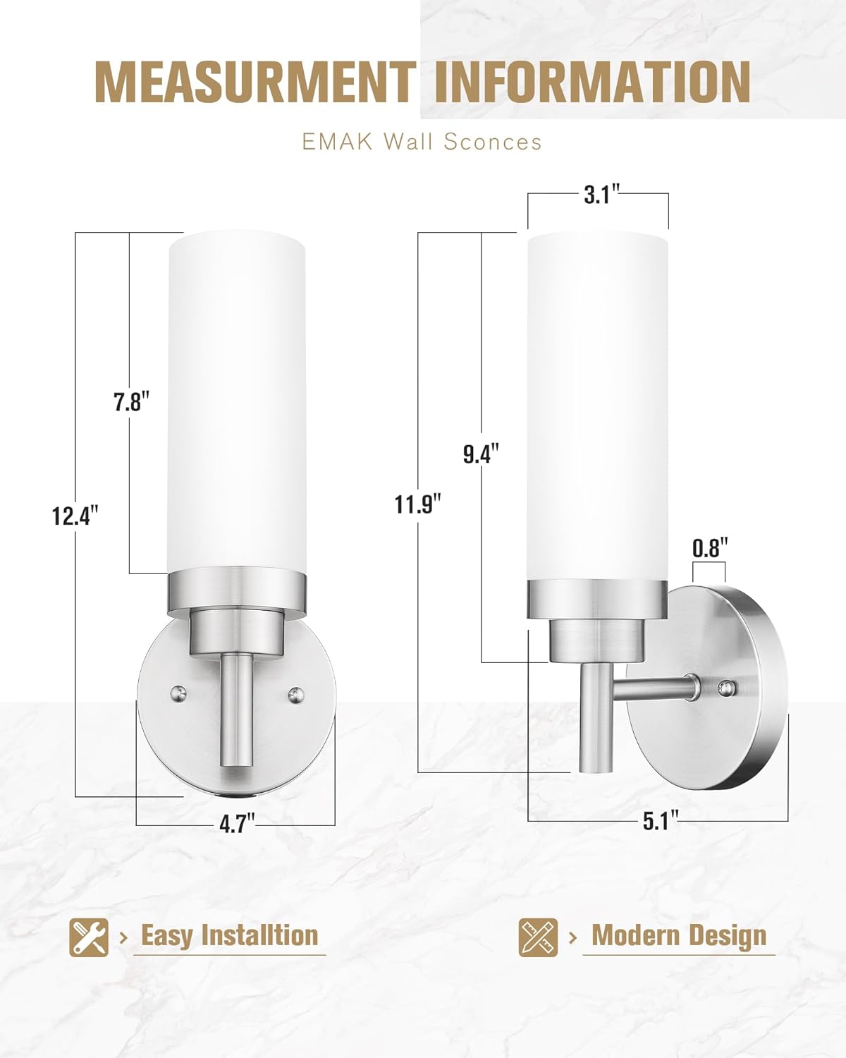 Emak Brushed Nickel Sconces Wall Lighting, Modern Vanity Lights with Milk Glass Shade, Wall Sconce for Bathroom, Bedroom, Living Room, Hallway, WS085-BN-ML-2PK