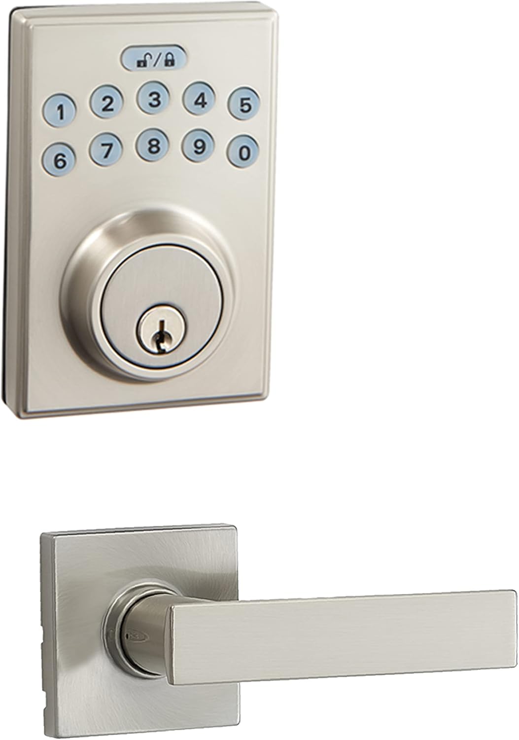 Amazon Basics Contemporary Electronic Keypad, Keyless Entry Door Lock Deadbolt with Handle Set, Key Pad Front Door with Knob, Contemporary Door Locks for Front Door, Door Handle, Satin Nickel, 1-Pack