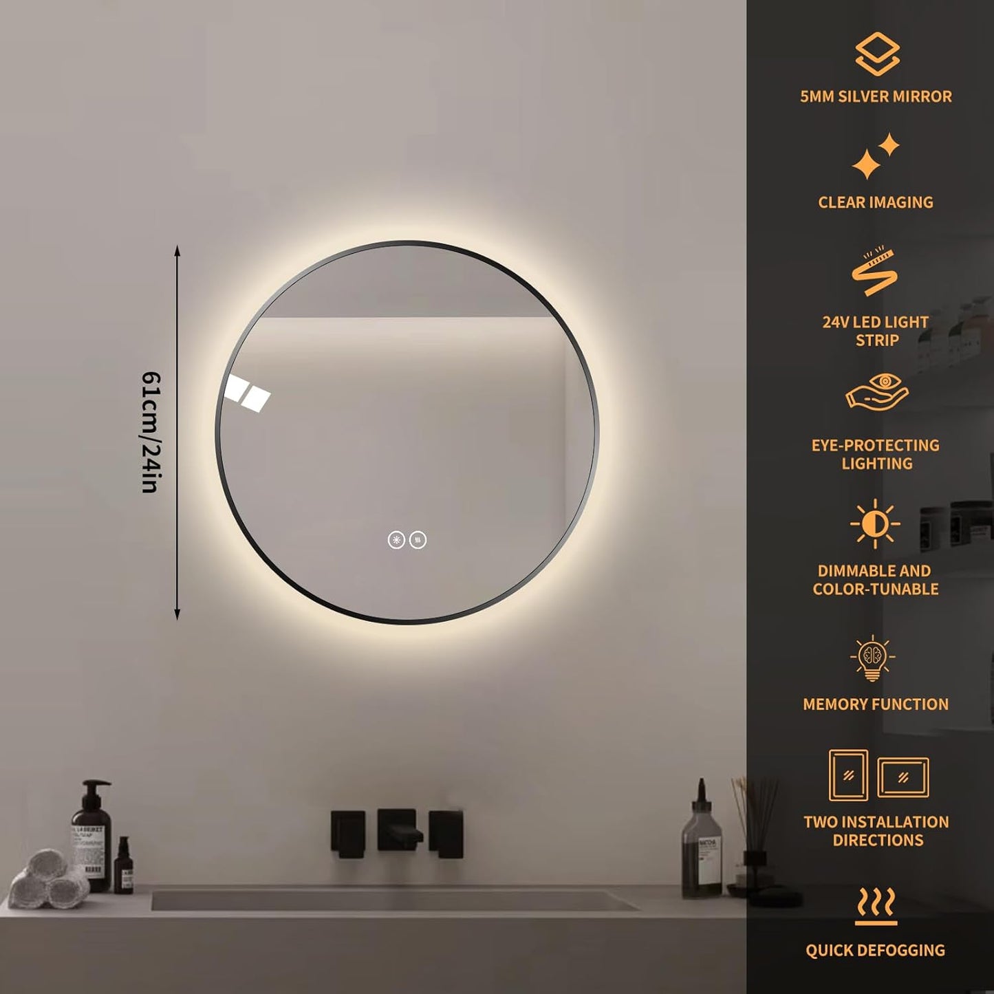 Round LED Bathroom Mirror with Gold Frame, 24V Backlight, 3 Color Temperatures, Dimmable, Memory Function, Defogging (Black Border, 24" L x 24" W)