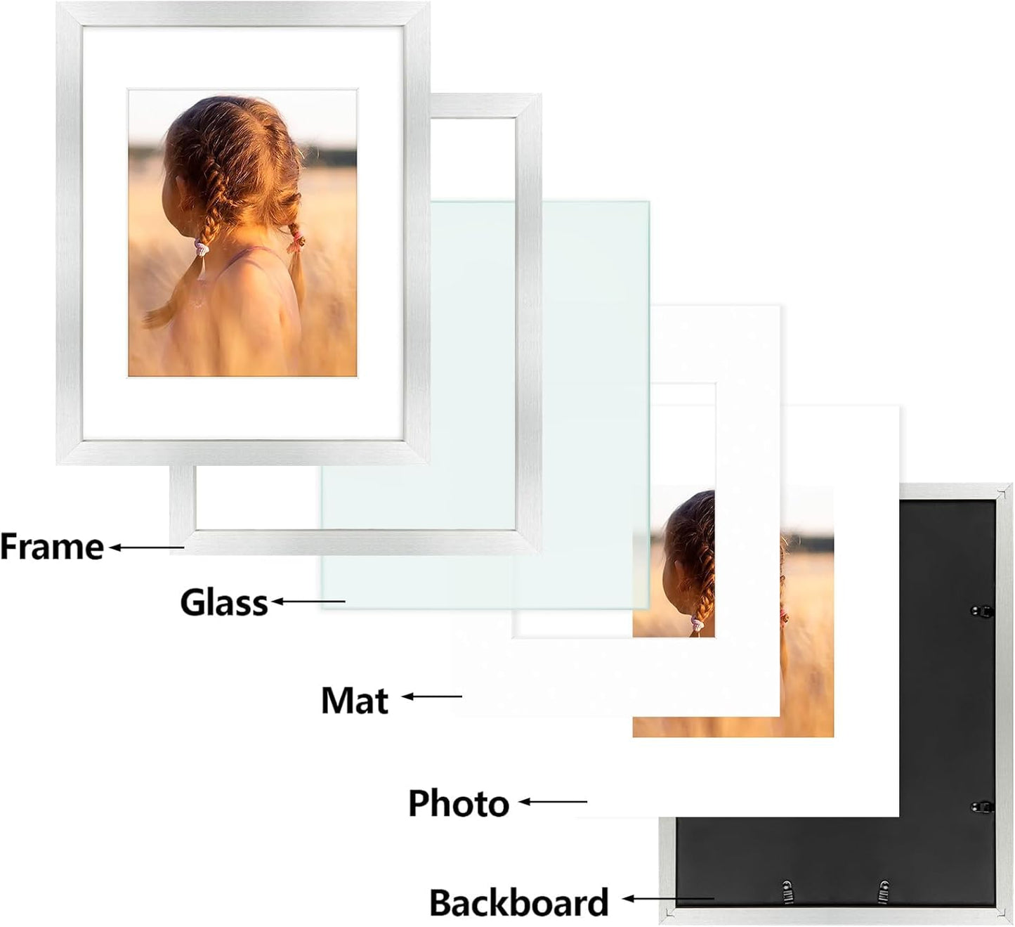 Golden State Art, 11x14 Picture Frame with Mat for 8x10 - High Definition Glass Wall Mounting Horizontal Vertical Display (Silver, 1 Pack)