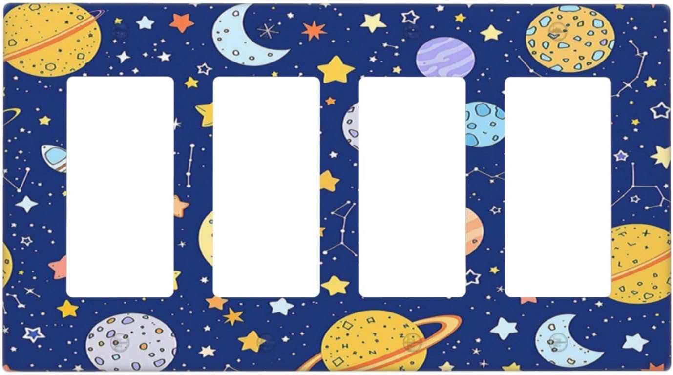 Stars Starry Night Sun Moon Planet Constellations Wallplates 4 Gang Quad Rocker Decorative Light Switch Covers Electrical GFCI Faceplate Switch Plate for Bedroom Bathroom Decor