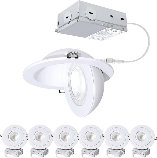 6-Inch Gimbal Recessed Light - 12W 90° Tilt & 360° Rotation, 5CCT (2700K-5000K), IC Rated LED Eyeball Recessed Lighting, for Sloped Ceilings, Soffit Light, Hallyway，Kitchens, White 6 Pack